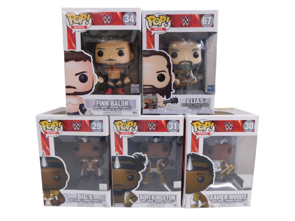 5 Funko Pop Figures incl Elias, Big E, Zavier Woods, Kofi Kingston, Finn Balor (1 of 4)