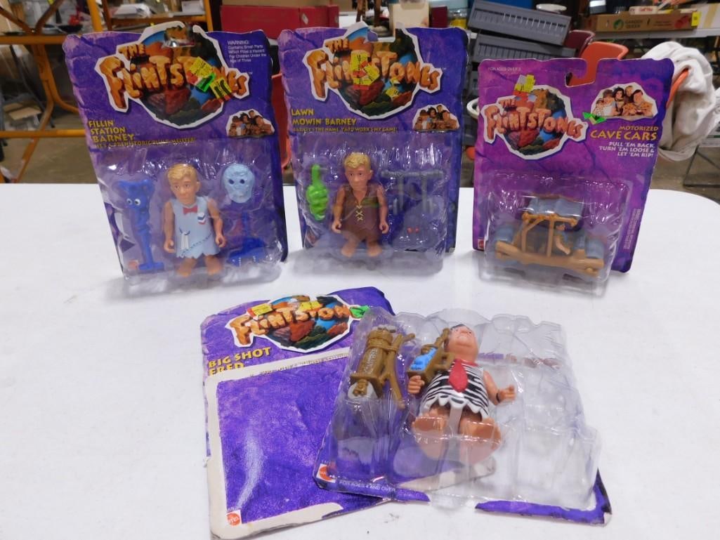 4 New in Package Flintstones Action Figures - Fred, Barney, Car - the clam shell fell loose on Fred (1 of 7)