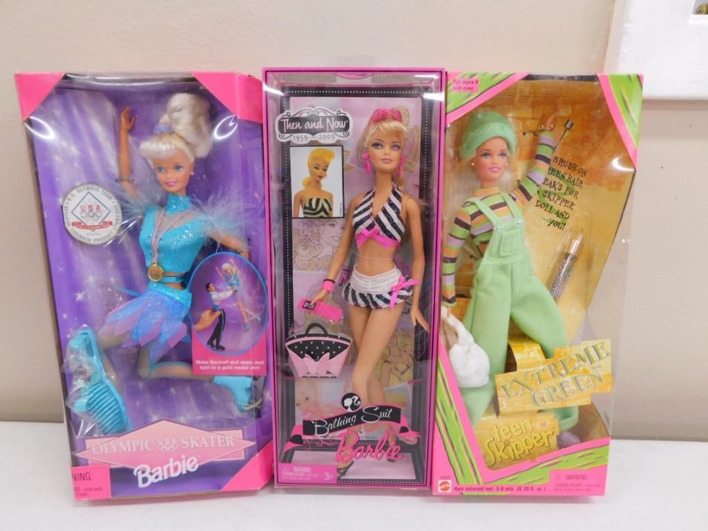 3 New in Box Barbie Dolls including Olympic Skater, Then & Now Bathing Suit, Extreme Green Skipper (1 of 5)