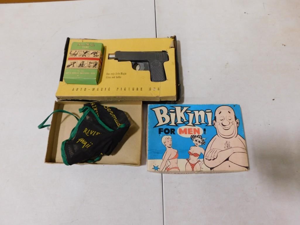 Vintage Toy / Novelty Lot including Auto-Magic Picture Gun with Movie, instructions and Bikini for M: Vintage Toy / Novelty Lot including Auto-Magic Picture Gun with Movie, instructions and Bikini for Men
