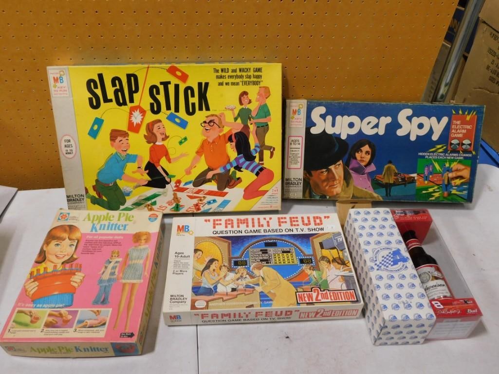Board Game, etc. Lot including Slap Stick, Super Spy, Family Feud, Apple Pie Knitter, Budweiser Car: Board Game, etc. Lot including Slap Stick, Super Spy, Family Feud, Apple Pie Knitter, Budweiser NASCAR Car in a bottle with original box. Games are complete