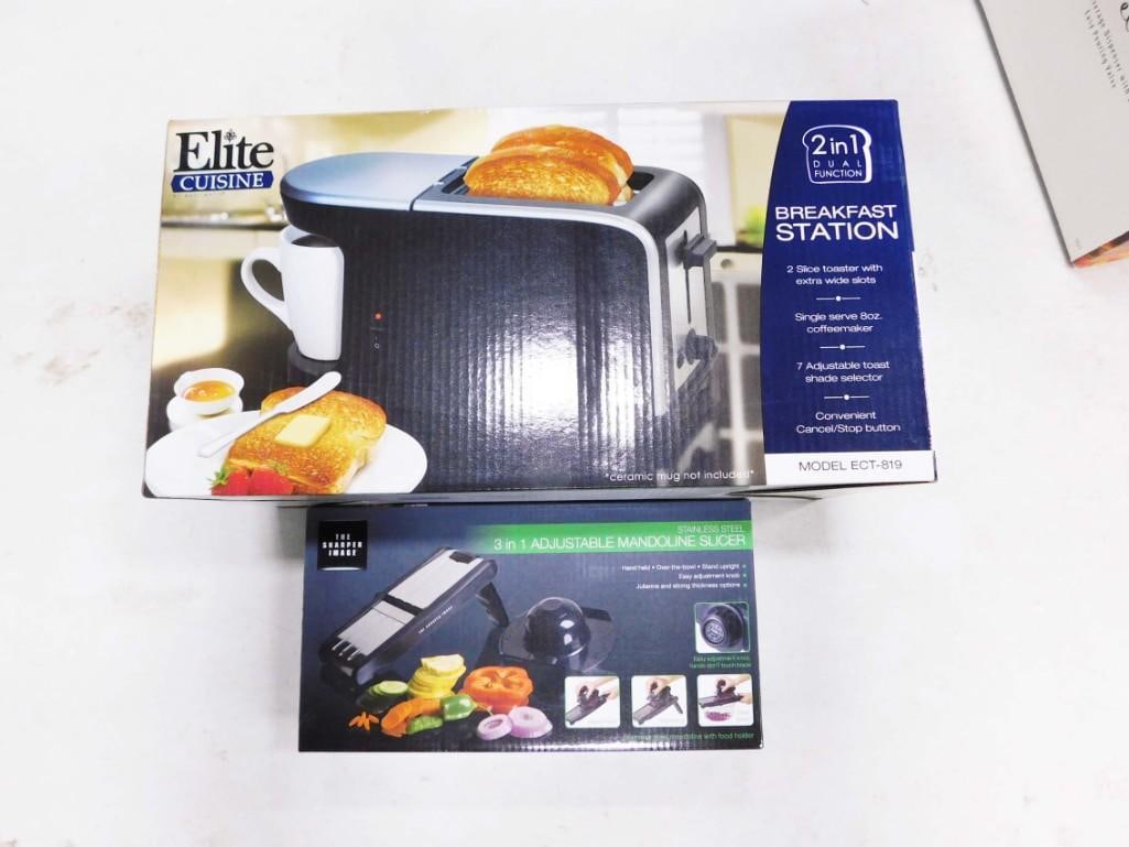 Breakfast Station Toaster / Coffee Maker and a 3 in 1 Adjustable Mandoline Slicer New in Box: Elite Cuisine Breakfast Station Toaster / Coffee Maker and The Sharper Image 3 in 1 Adjustable Mandoline Slicer Both New in Box