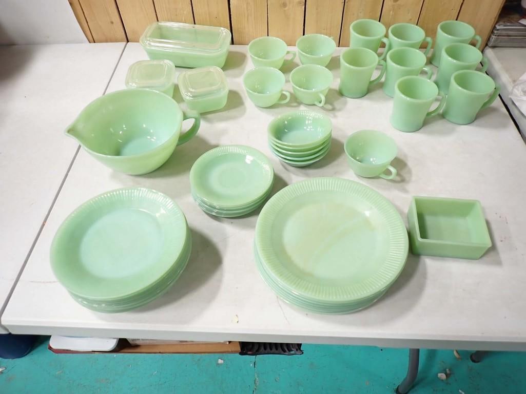 Vintage Fire King Jadeite Dishes incl Batter Bowl, Restaurant Mugs, Cups, Refrigerator Boxes, Plates (1 of 5)