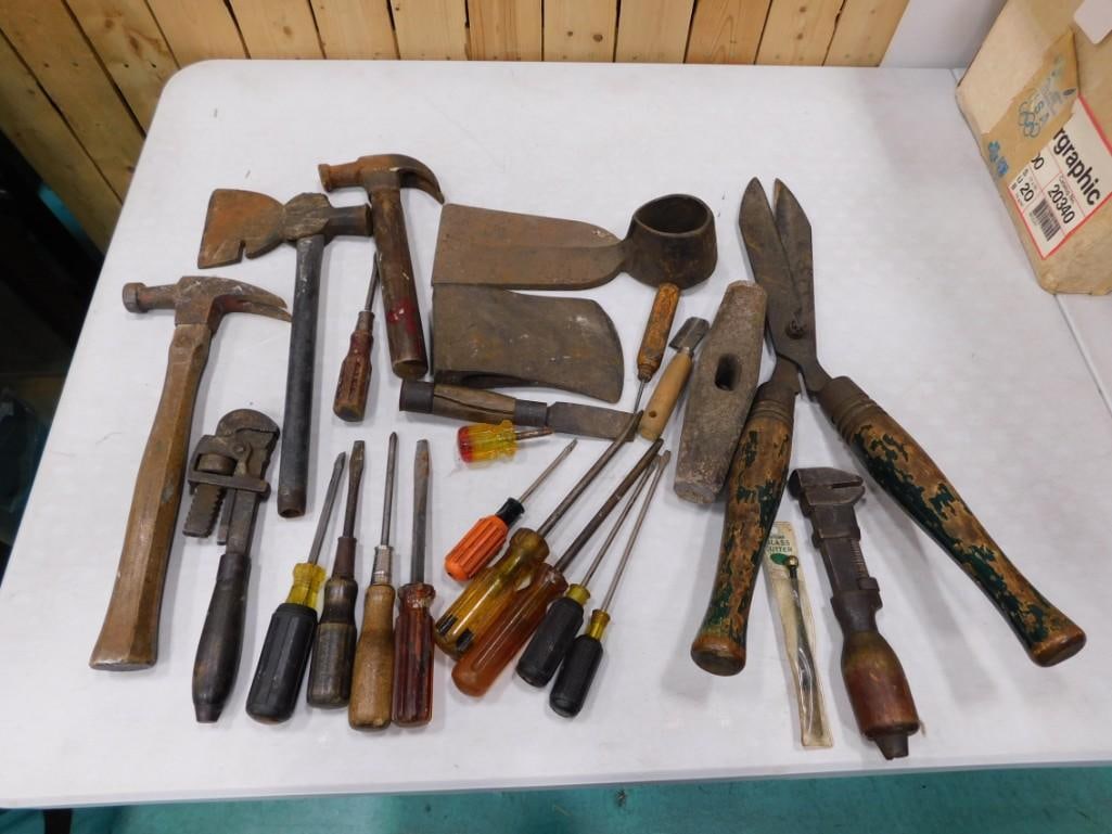 Lot of Hand Tools incl Hatchet, Hammers, Screwdrivers, Trimmer, etc (1 of 3)
