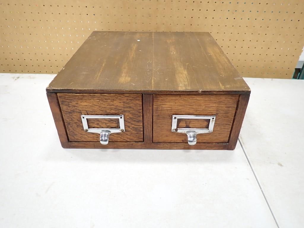 Antique Oak Two Drawer Card Catalog Vintage Organizer (1 of 4)