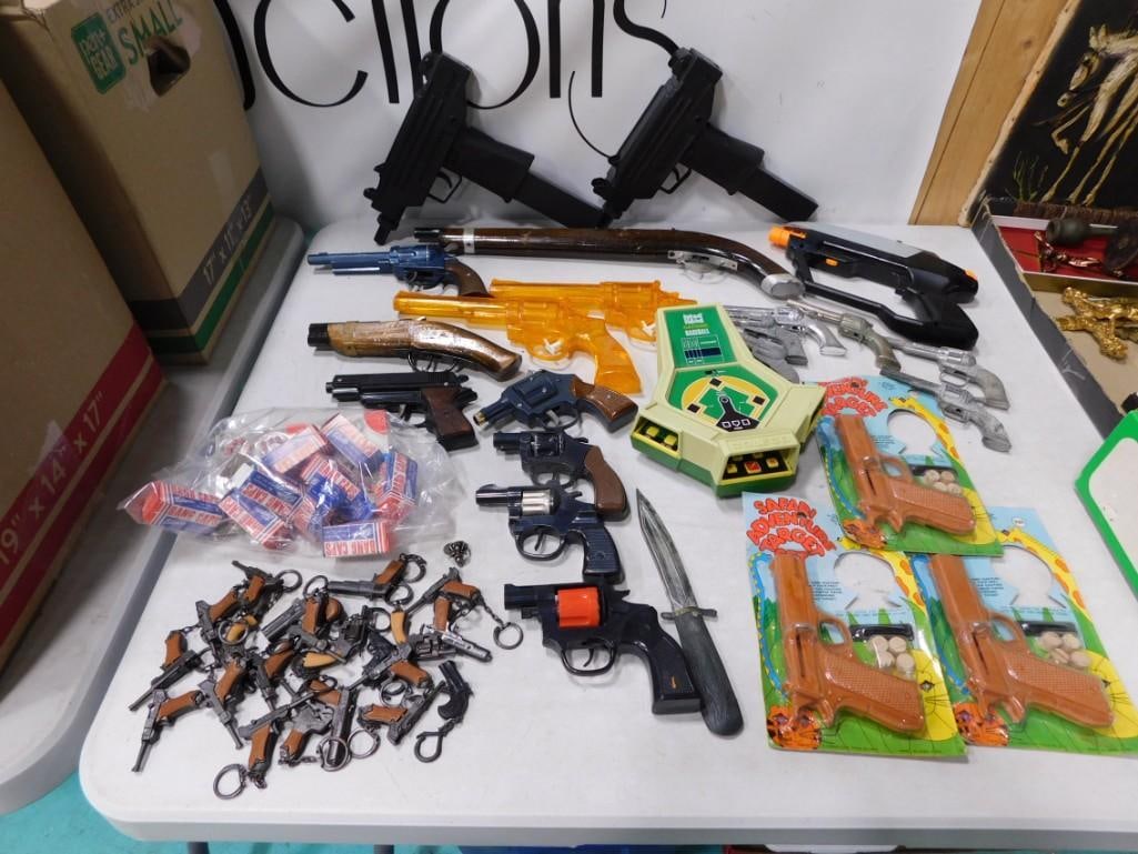 Toy Lot including Vintage Cap Guns, Key chains, Coleco Baseball Game, Water Pistol, Caps, etc: Toy Lot including Vintage Cap Guns, Key chains, Coleco Baseball Game, Water Pistol, Caps, etc