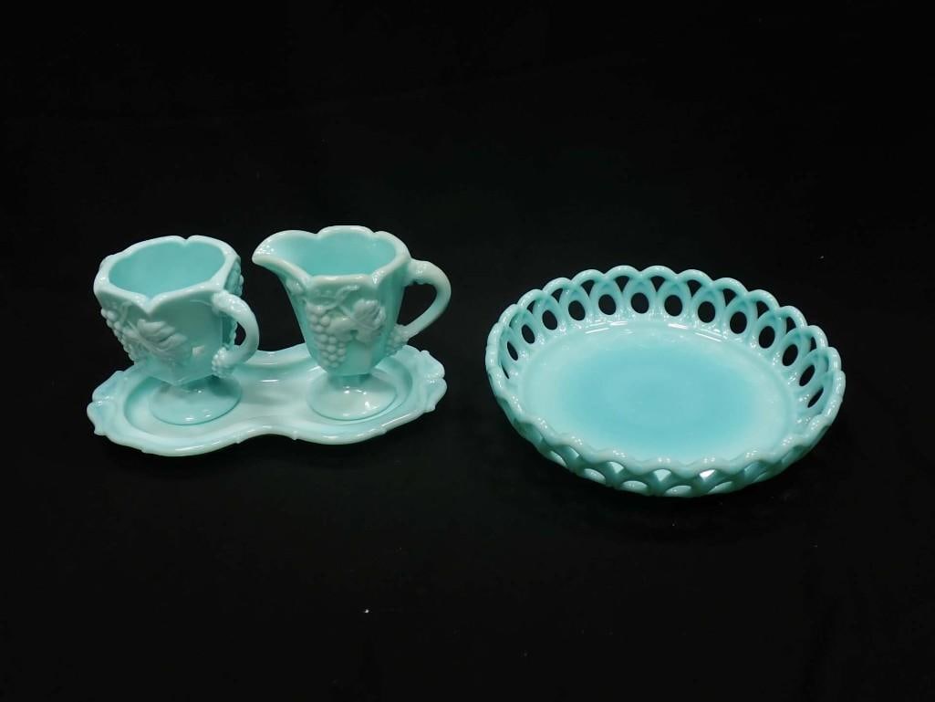 Blue Milk Glass incl Lace Edge Bowl and Grape Pattern Creamer and Sugar Bowl and Under Plate (1 of 8)