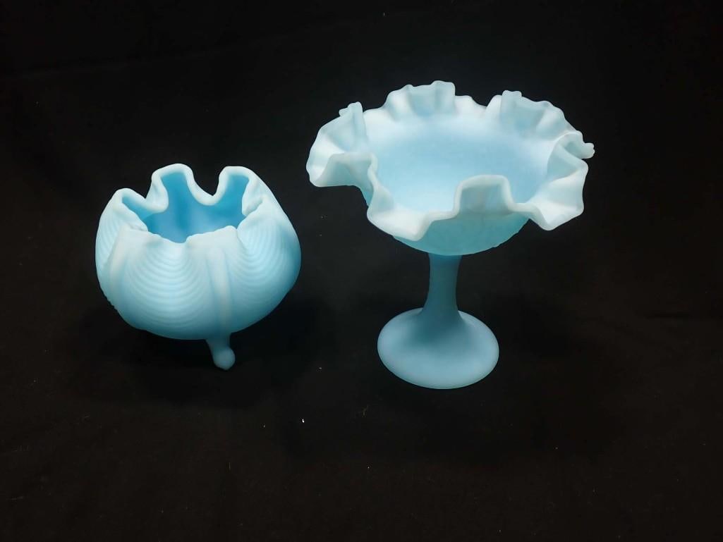 Fenton Blue Satin Glass incl Ruffled Edge Footed Bowl and Footed Rose Bowl: Fenton Blue Satin Glass incl Ruffled Edge Footed Bowl and Footed Rose Bowl
