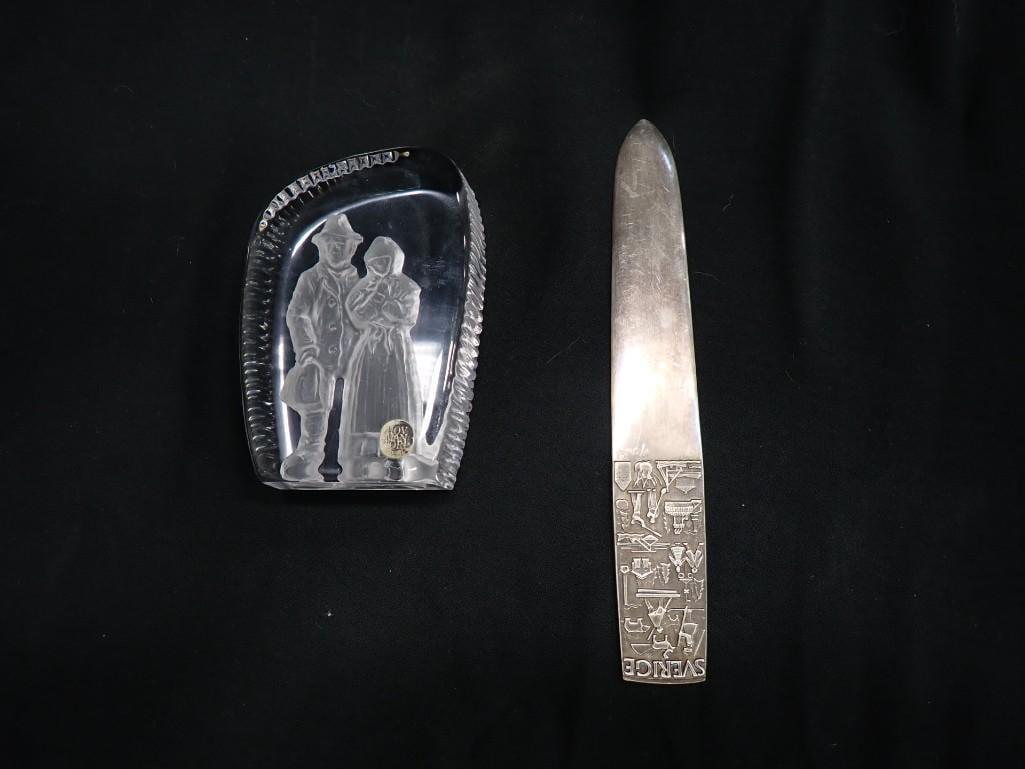 Hovmantorp Sweden Glass Sculpture Carved and Etched Paperweight with Letter Opener: Hovmantorp Sweden Glass Sculpture Carved and Etched Paperweight with Vintage Metal Letter Opener
