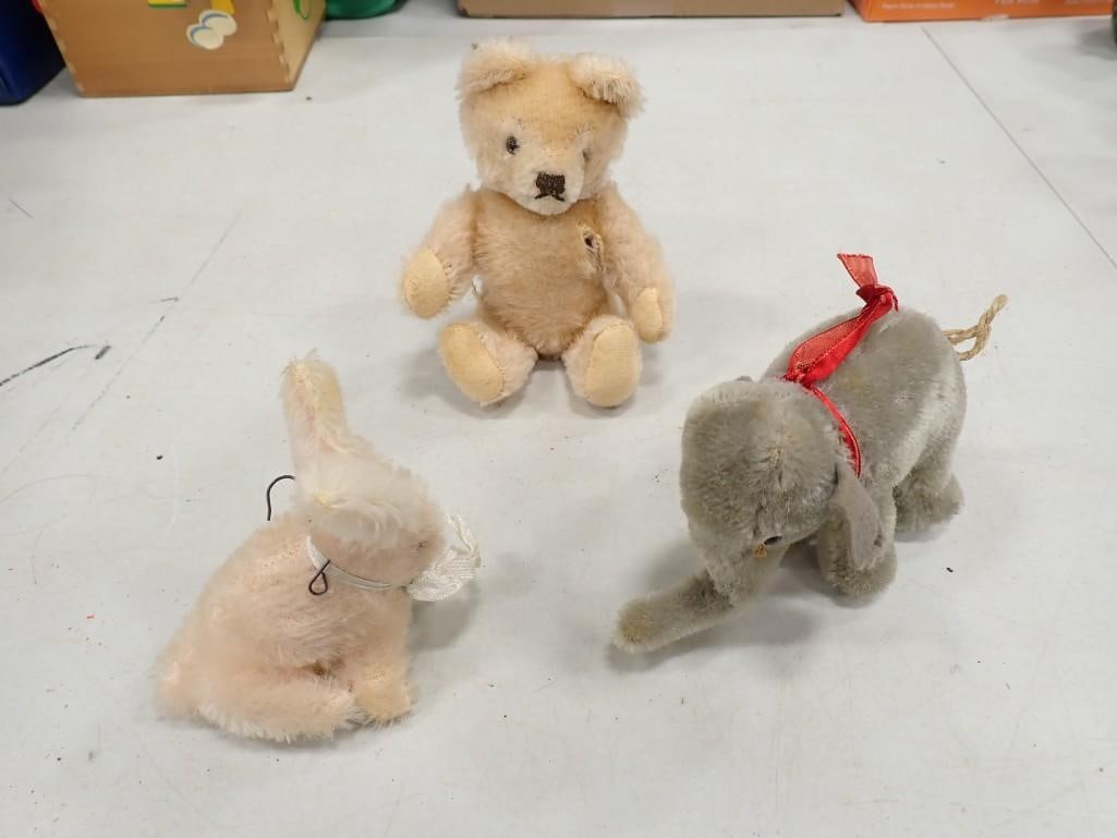 Vintage Mohair stuffed animals including a jointed bear, a bunny rabbit and an elephant.  These are (1 of 11)
