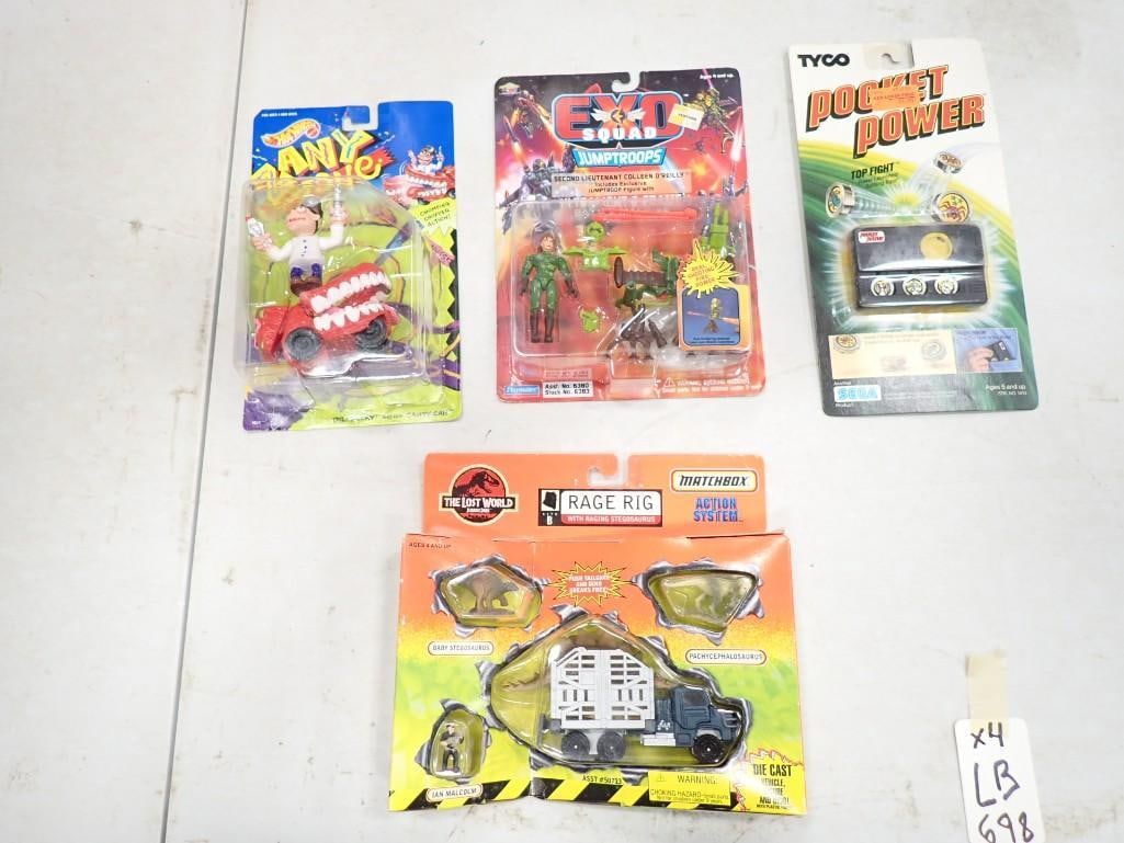 Toy lot including Hot Wheels Zany Zone, Tyco Pocket Power, EXO Squad, Jurassic Park Rage Rig (1 of 9)