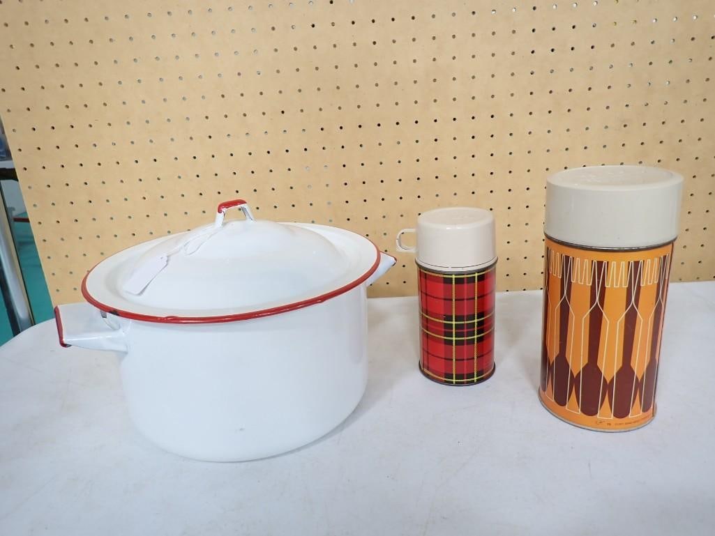 Red and White Enamelware Pot with Lid and 2 Vintage Thermoses (1 of 11)