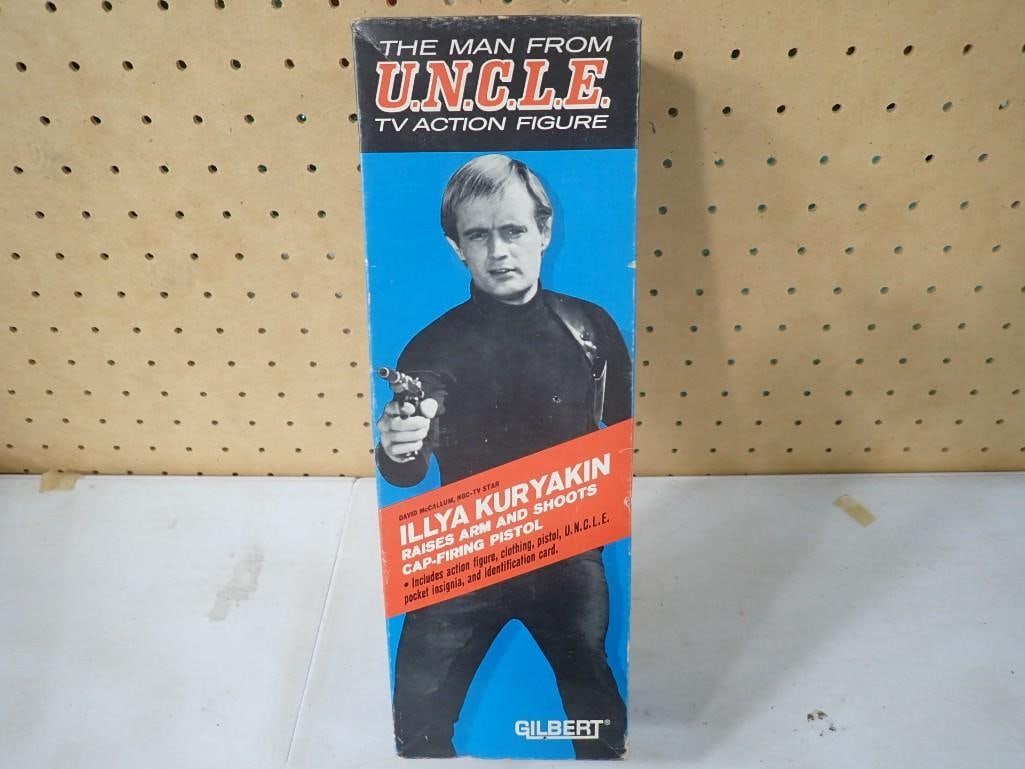 Vtg 1965 The Man from U.N.C.L.E. Illya Kuryakin TV Action Figure New Old Stock by Gilbert Toys: Vintage 1965 The Man from U.N.C.L.E. Illya Kuryakin TV Action Figure New Old Stock by Gilbert Toys . Raises arm and shoots cap-firing pistol toy.