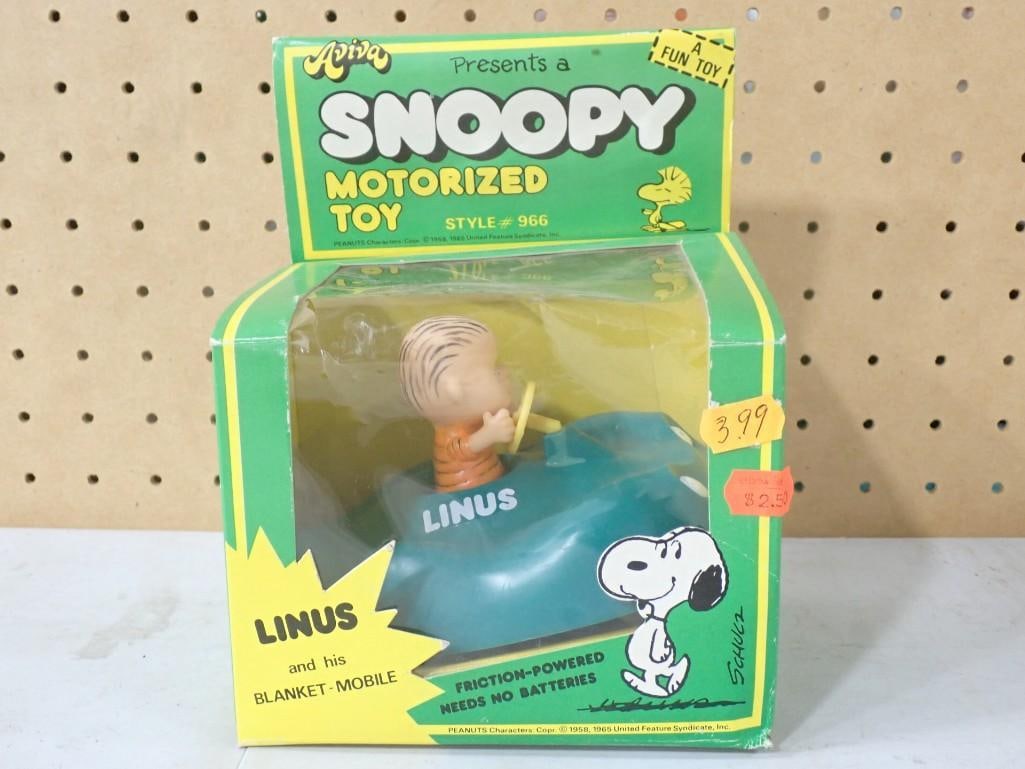 Vtg Peanuts Snoopy Wheelies Linus and his Blanket Mobile Friction Powered Toy Aviva NOS New Old Sto: Vintage Peanuts Snoopy Wheelies Linus and his Blanket Mobile Friction Powered Toy Aviva NOS New Old Stock . Package has a tear in the outer plastic