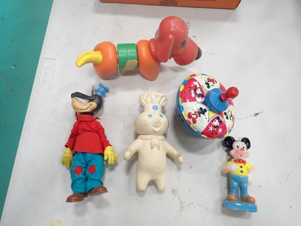 Vintage Toys incl Mickey Mouse, Goofy, Tupperware Dog, Tin Top, Pillsbury Doughboy (1 of 3)