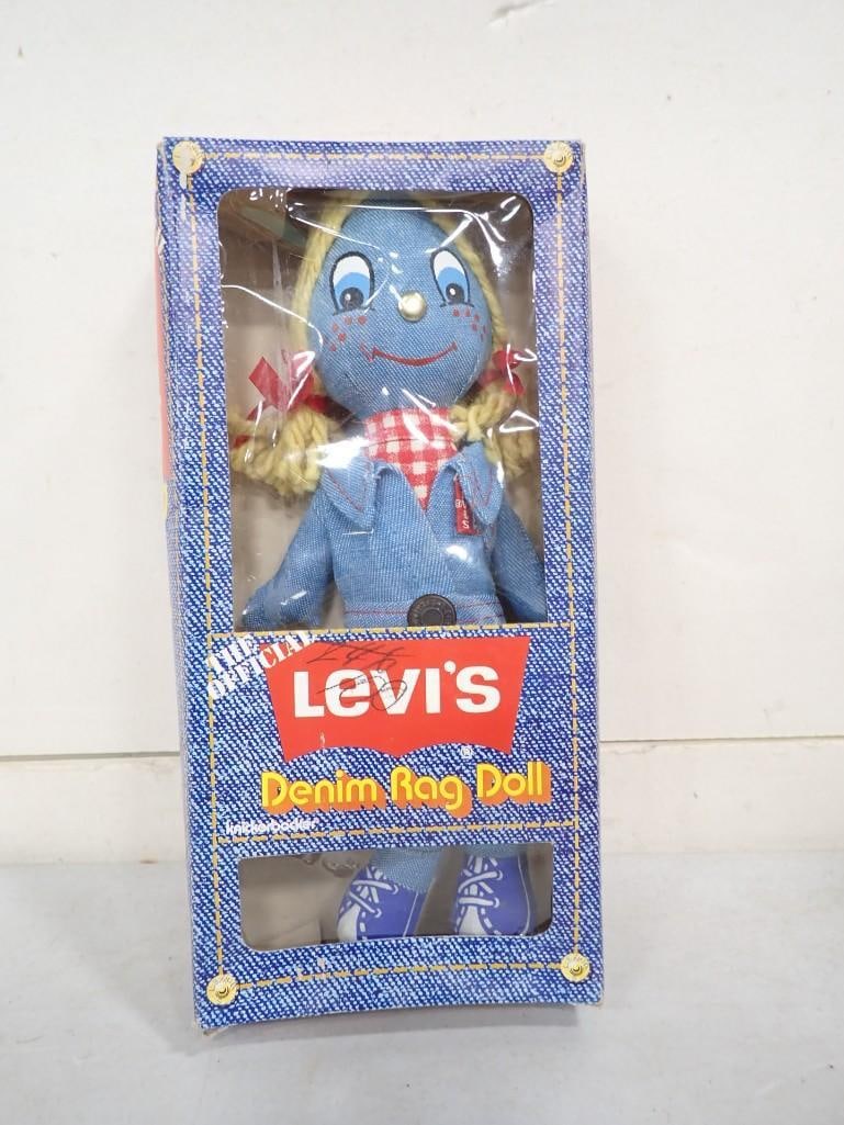 Vtg 1973 The Official Levi's Denim Rag Doll in Original Box: Vintage 1973 The Official Levi's Denim Rag Doll in Original Box but box has writing on it