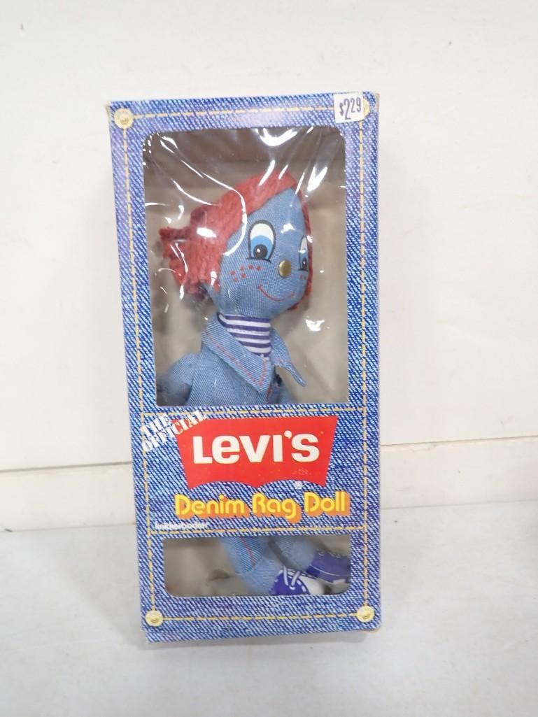 Vtg 1973 The Official Levi's Denim Rag Doll in Original Box: Vintage 1973 The Official Levi's Denim Rag Doll in Original Box but box has writing on it