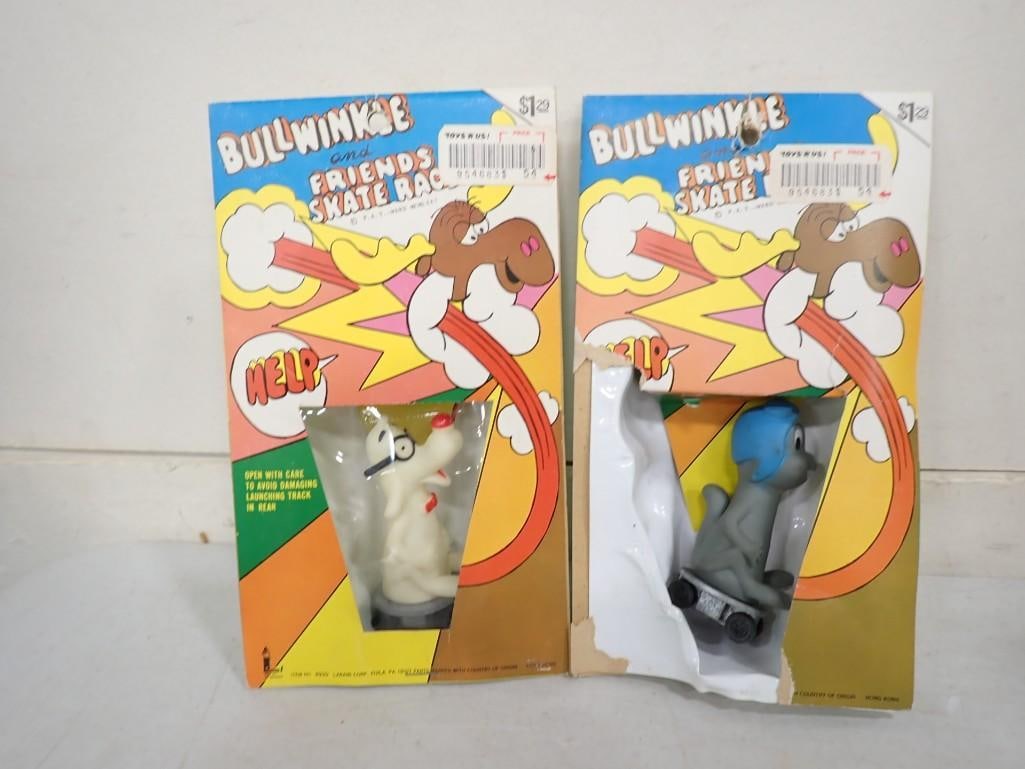2 Vtg 1971 Bullwinkle and Friends Skate Racers in Original Packages Rocky & Mr Peabody: Lot of 2 Vintage 1971 Bullwinkle and Friends Skate Racers in original, damaged packages including Rocky (Rocket J Squirrel) and Mr Peabody from the Rocky and Bullwinkle cartoons by Jay Ward. Condition