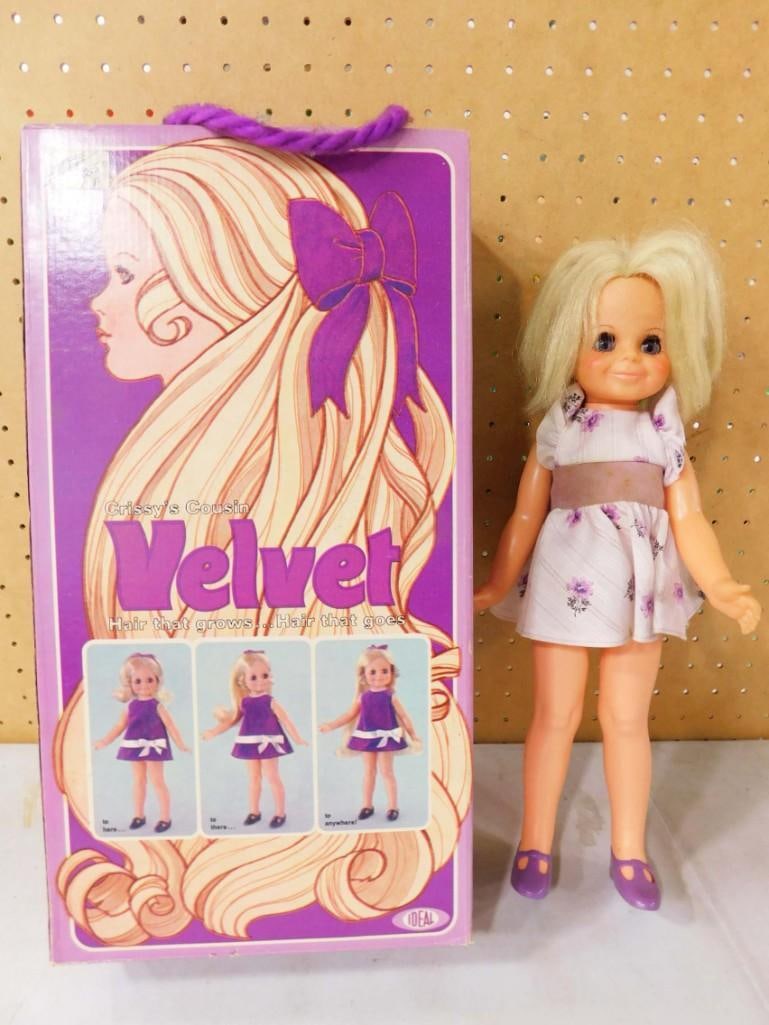 Vintage 1970 Ideal Velvet Doll: Vintage 1970 Ideal Velvet Doll Crissy's Cousin Condition: she comes with her original box, but she is in played with condition. Her dress is not original.