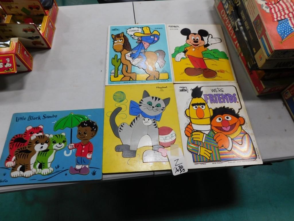 5 Vintage Wood Kids Puzzles including Little Black Sambo, Sesame Street, Mickey Mouse, Playskool: 5 Vintage Wood Kids Puzzles including Little Black Sambo, Sesame Street, Mickey Mouse, Playskool