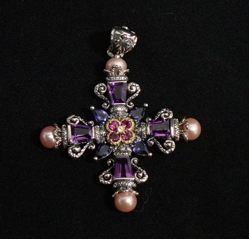 Barbara Bixby Cross Pendant Sterling Silver, 18K Gold, Amethyst, Pink Pearls (1 of 5)