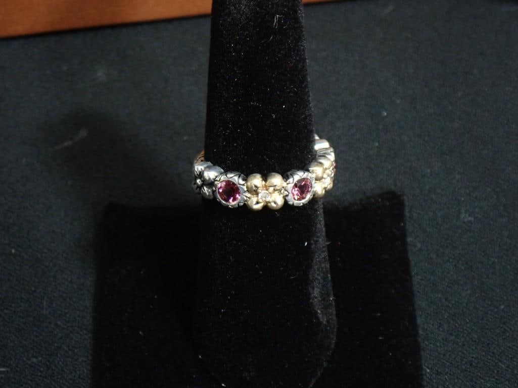 Barbara Bixby Sterling Silver and 18K Gold Flower Band Ring with Pink Tourmaline Size 7 (1 of 8)