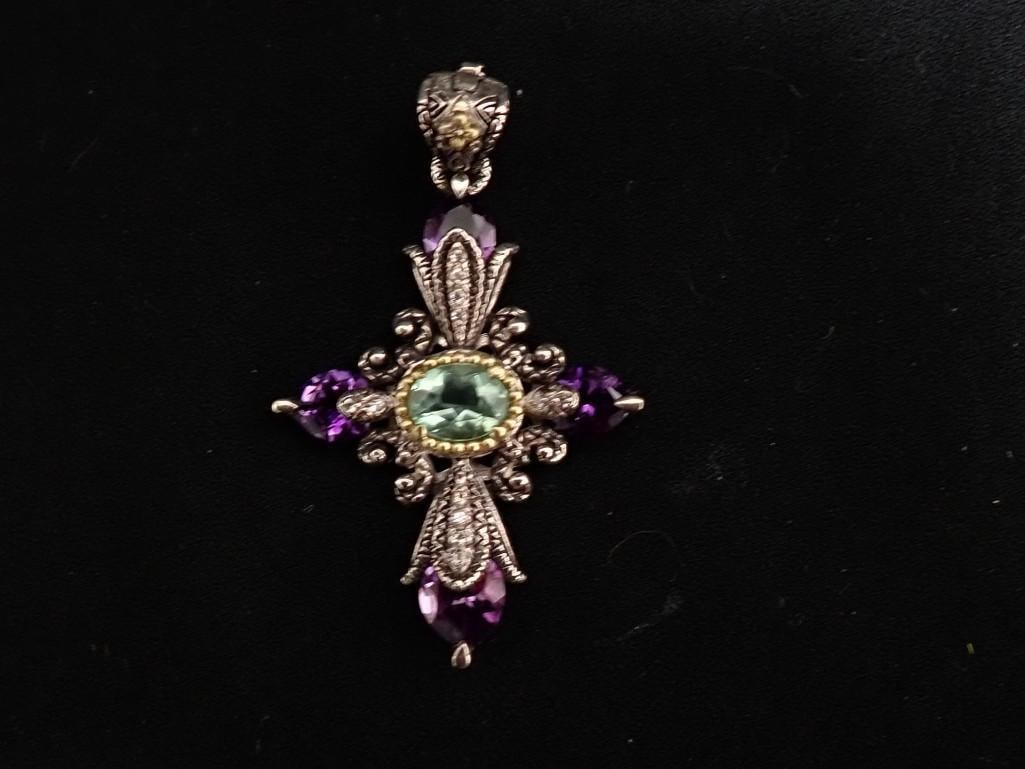 Barbara Bixby Sterling Silver , 18K Gold, Lotus Flower with Green Fluorite and Amethyst Cross Pendan (1 of 7)