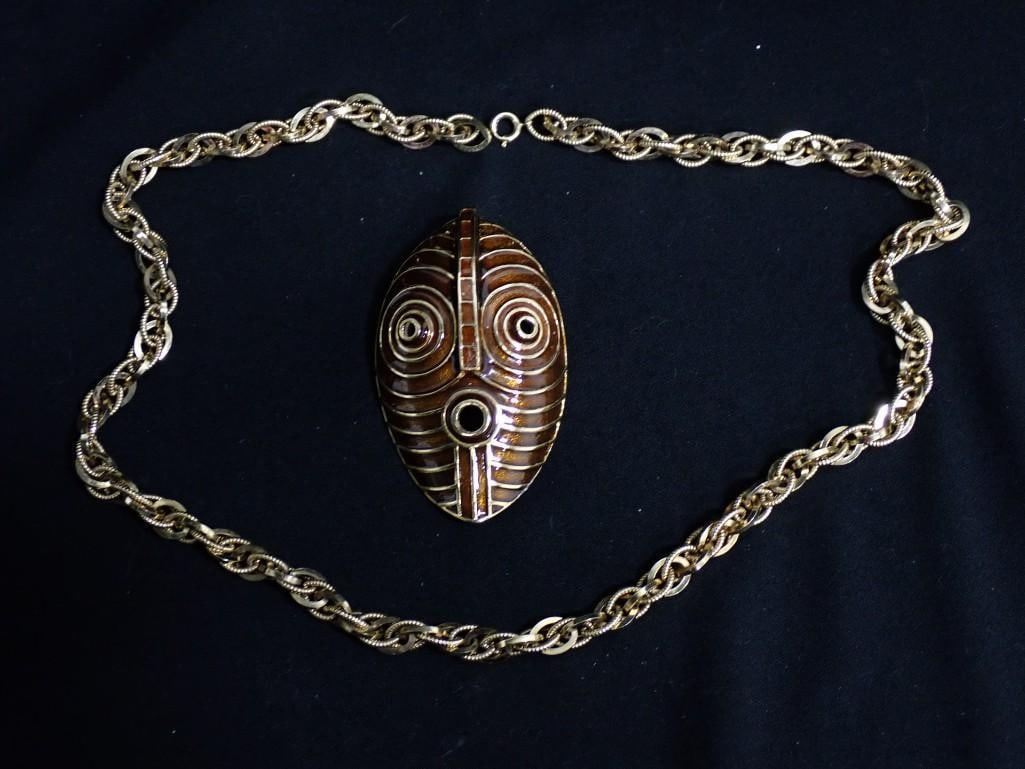 Ciner Tribal Mask Brooch Pendant with Chain: Ciner Tribal Mask Brooch Pendant with Chain