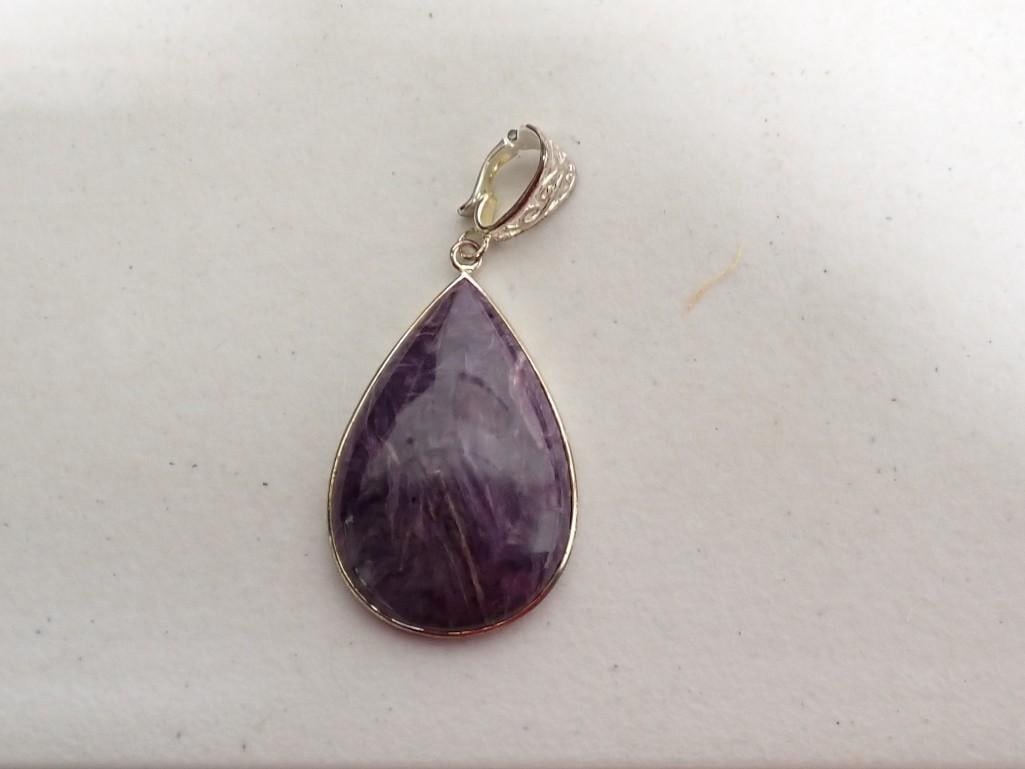 Charoite Teardrop Pendant with Sterling Silver Bezel: Charoite Teardrop Pendant with Sterling Silver Bezel