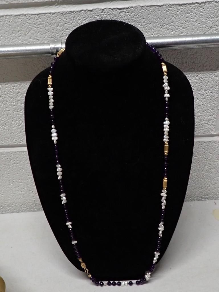 Necklace with 14K Gold, Amethyst, Freshwater Pearls: Necklace with 14K Gold, Amethyst, Freshwater Pearls