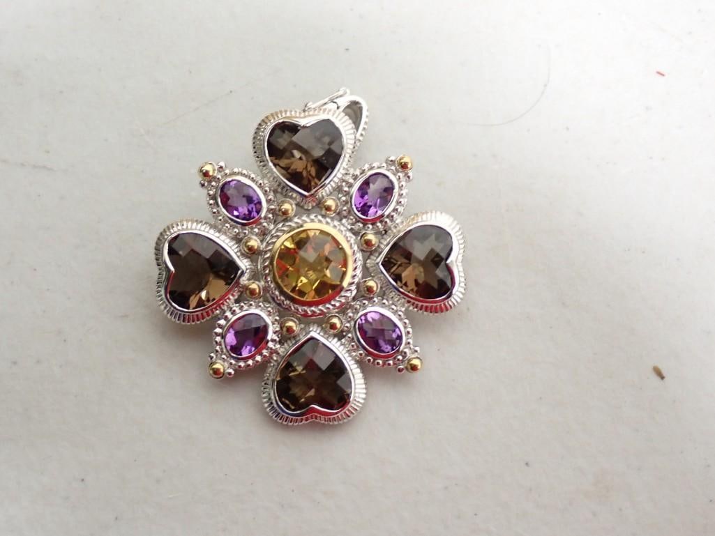 Judith Ripka Sterling Silver Brooch with Amethyst: Judith Ripka Sterling Silver Brooch with Amethyst and other gemstones
