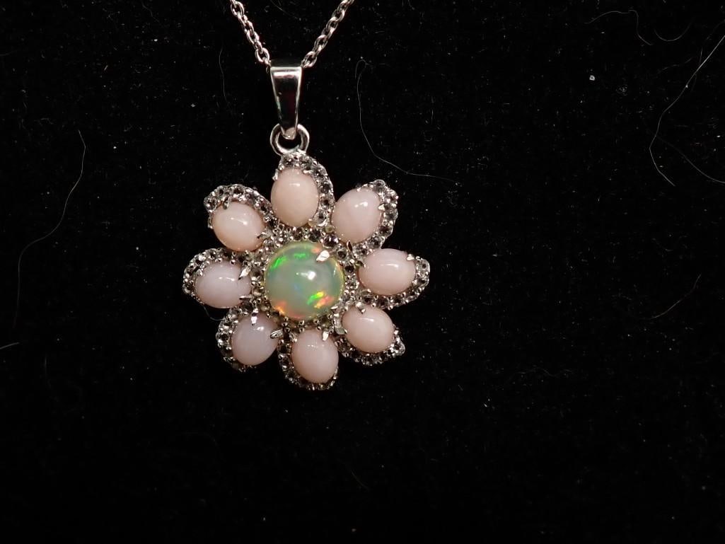 Sterling Silver Necklace with Gemstone Flower Design Opal Center (1 of 8)