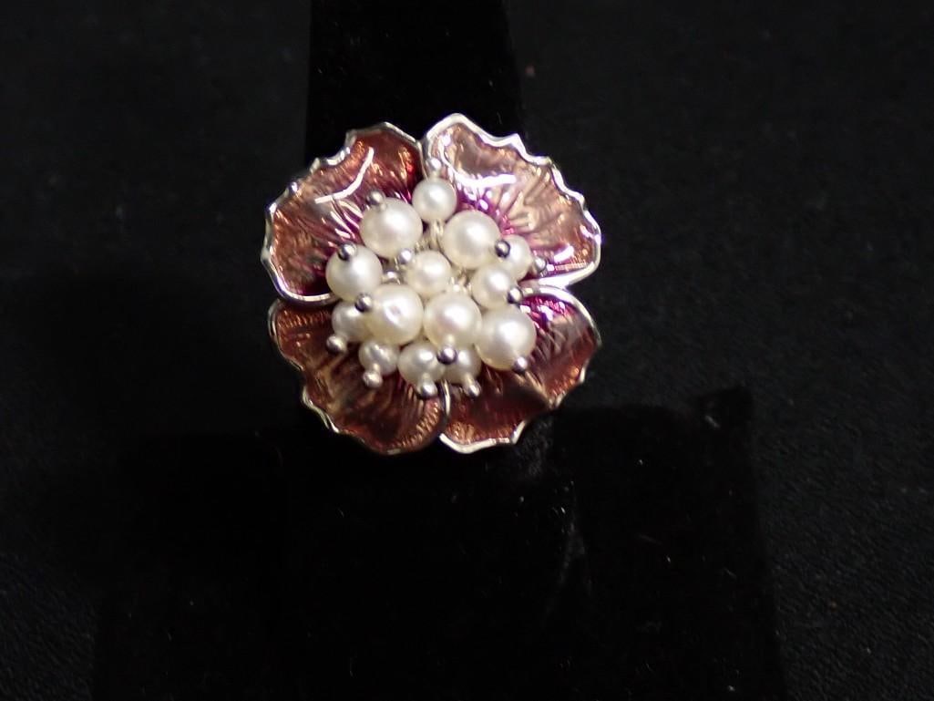 Sterling Silver with Enamel and Pearls Flower Ring: Sterling Silver with Enamel and Pearls Flower Ring