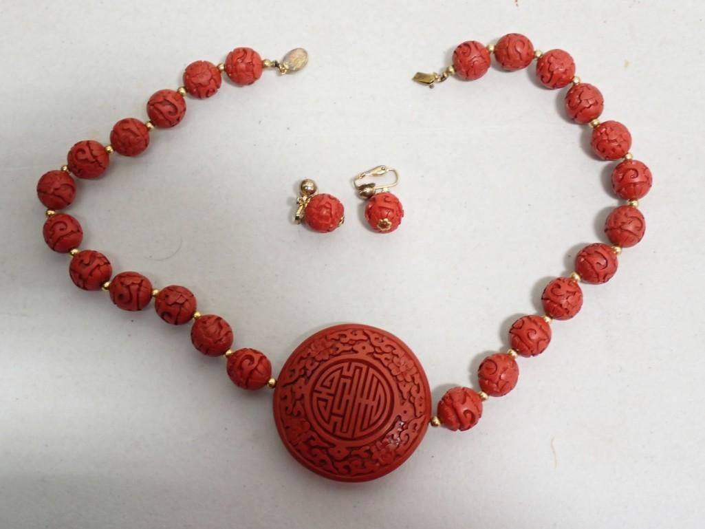 Cinnabar Necklace with Clip On Earrings: Cinnabar Necklace with Matching Clip On Earrings