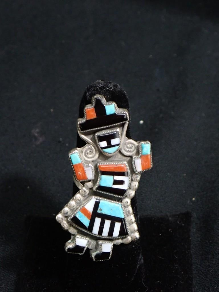 G.B. Natachu Zuni Dancer Ring Sterling Silver with Turquoise and Jasper (1 of 7)
