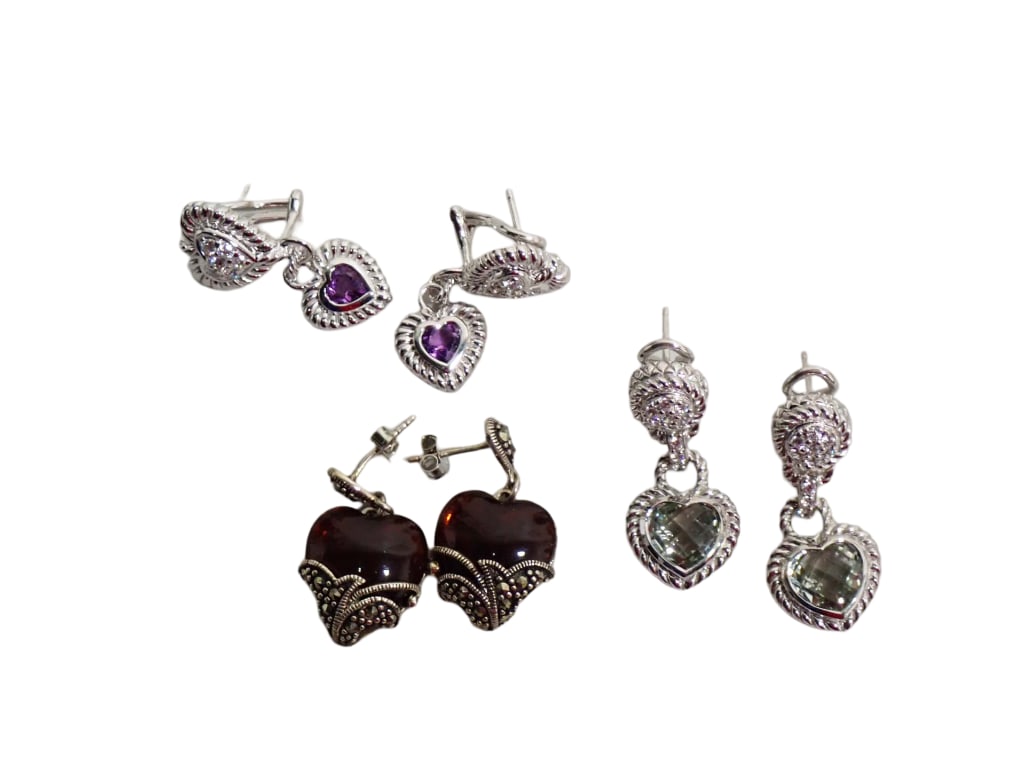 3 pr Sterling Silver and Gemstone Heart Earrings incl Judith Ripka, etc (1 of 9)