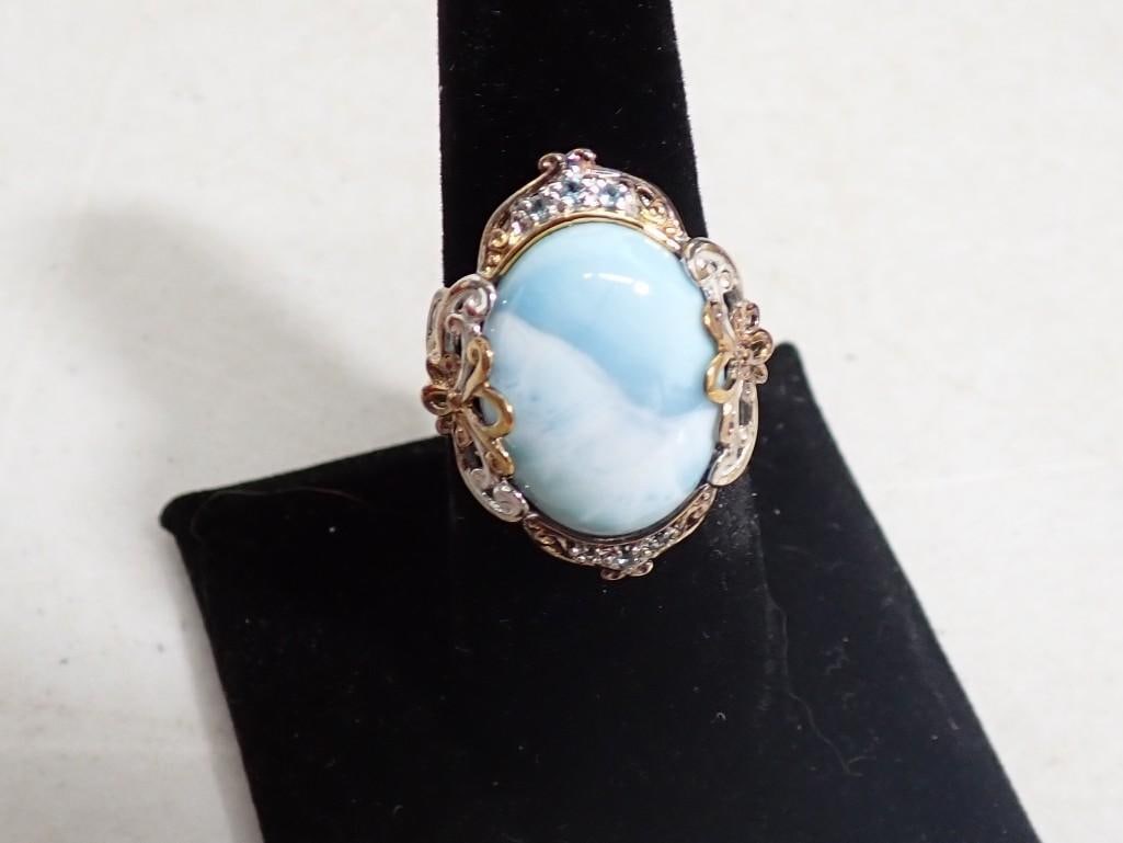 Sterling Silver, Larimar, and Blue Topaz Ring Marked .925 NH or AH (1 of 7)