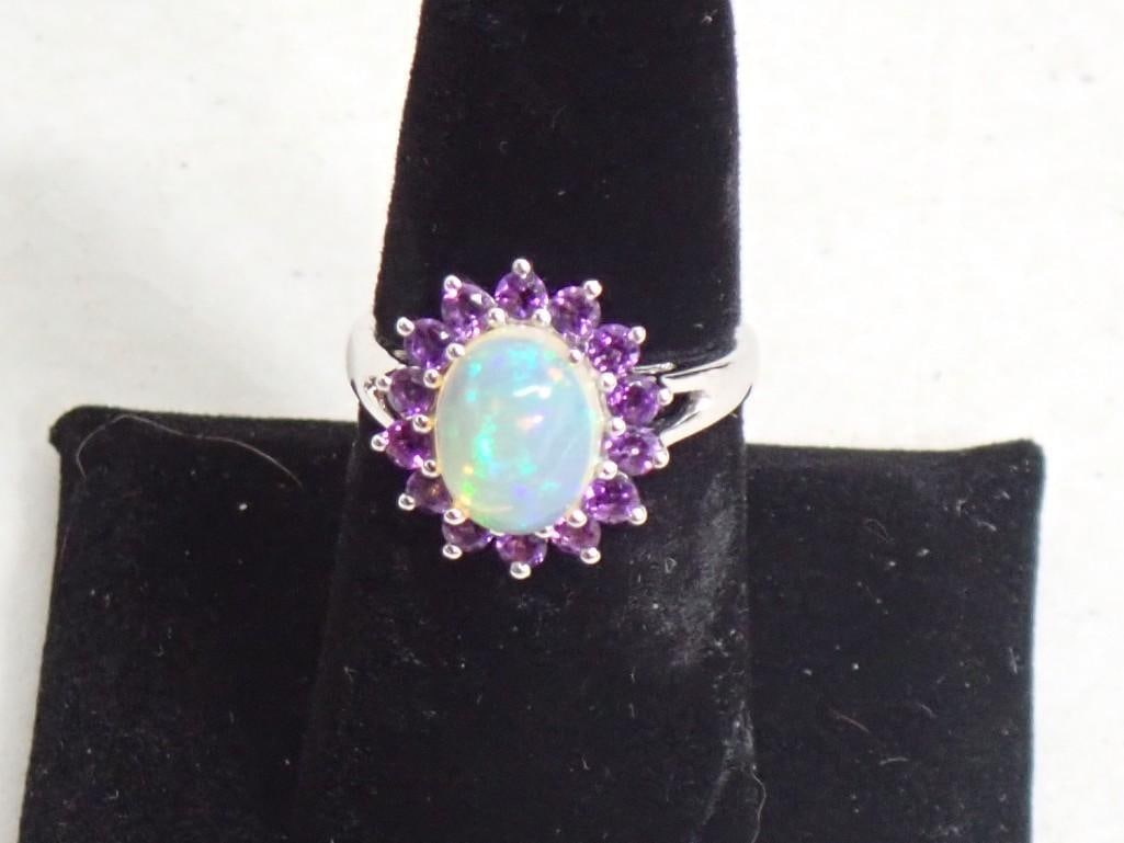 Sterling Silver, Amethyst, and Lab Created Opal Ring Size 7 Halo Ring: Sterling Silver, Amethyst, and Lab Created Opal Ring Size 7 Halo Ring Marked .925 KHR India