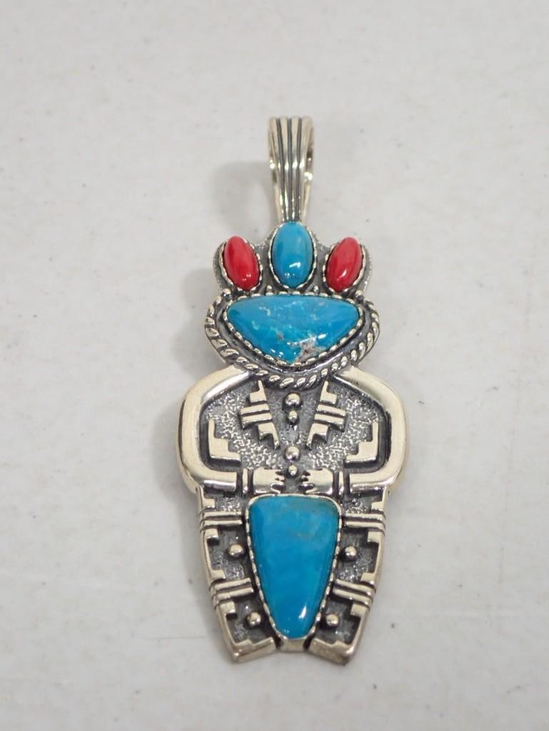 Sterling Silver and Semi Precious Stones Kachina Pendant: Sterling Silver and Semi Precious Stones Kachina Pendant