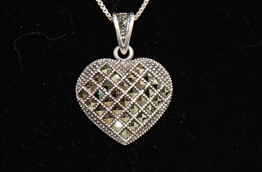 Sterling Silver and Marcasite Heart Pendant Necklace: Sterling Silver and Marcasite Heart Pendant Necklace