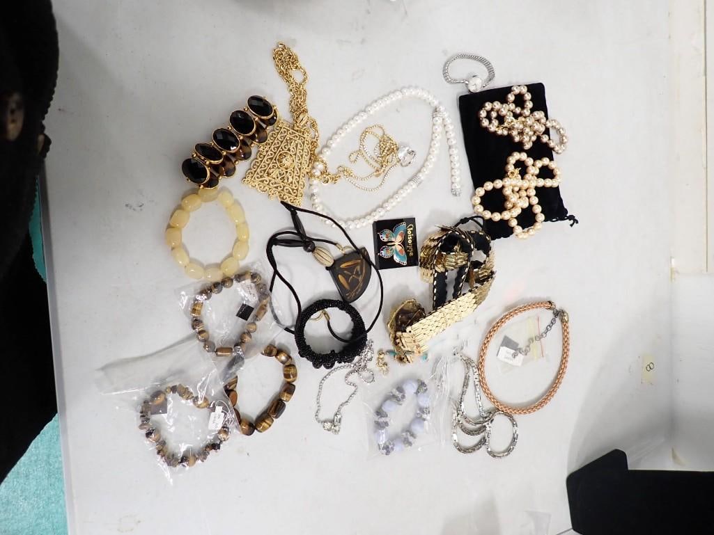 Lot of Costume Jewelry incl Necklaces, Bracelets, Cloisonne Butterfly Brooch, etc: Lot of Costume Jewelry incl Necklaces, Bracelets, Cloisonne Butterfly Brooch, etc . White beaded necklace in the 2nd picture has a magnetic clasp, but one side has stuck itself onto the other side. Th
