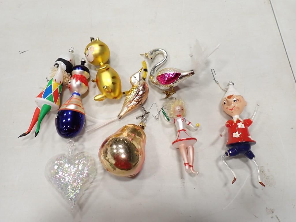 Lot of 9 Vintage Blown Glass Christmas Ornaments incl Figural Swan, Figural Cat, Figural Pear,: Lot of 9 Vintage Blown Glass Christmas Ornaments incl Figural Swan, Figural Cat, Figural Pear, Figural Bird, etc