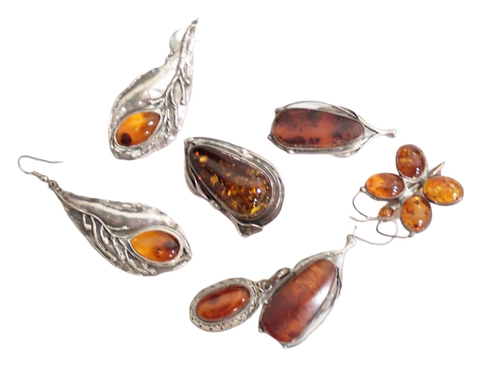 Vintage Sterling Silver Amber Earrings, Brooch, Pendant (1 of 8)