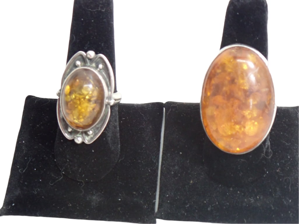 Vintage Lot of Sterling Silver and Amber Rings: Vintage Lot of Sterling Silver and Amber Rings