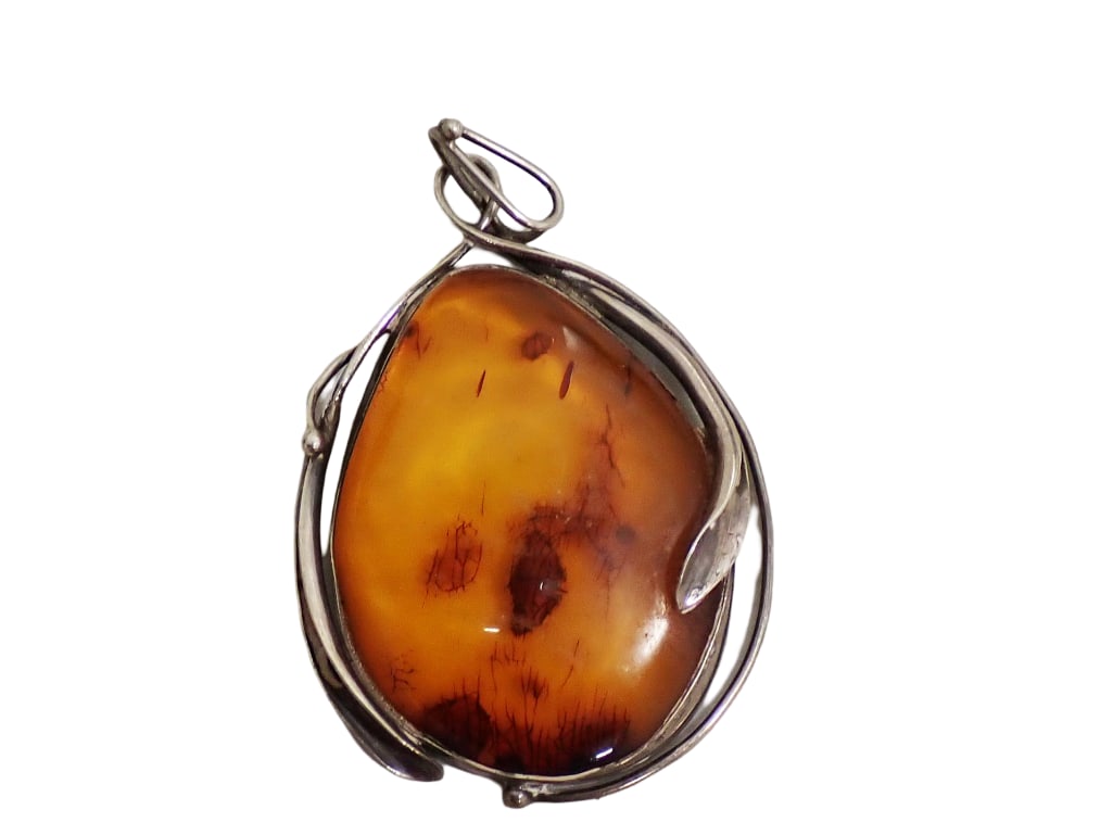 Vintage Sterling Silver and Amber Pendant 3" x 2": Vintage Sterling Silver and Amber Pendant 3" x 2"