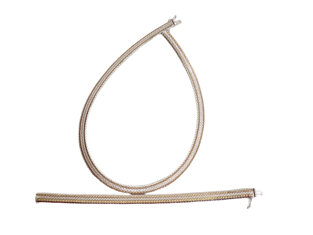 Sterling Silver 16" Necklace and 70" Bracelet Two Tone Herringbone Marked Italy .925 (1 of 8)