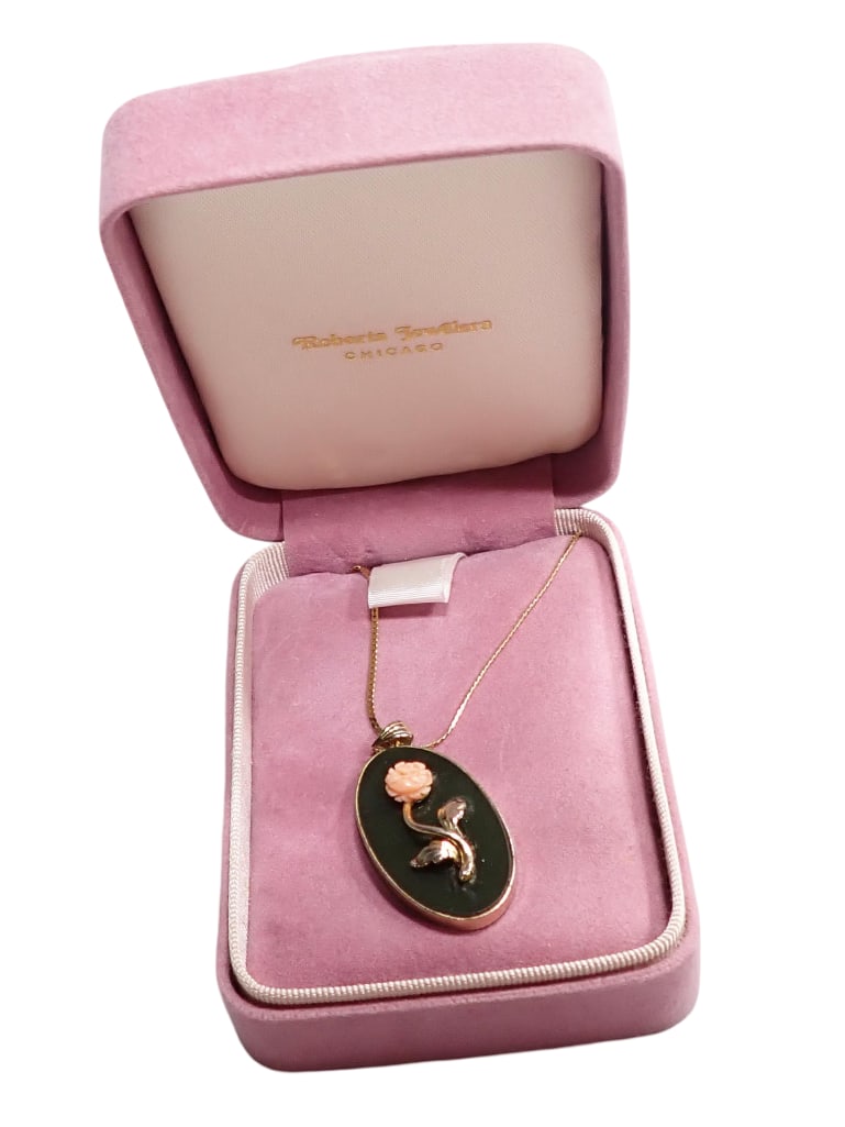 14K Gold Necklace and Rose Pendant on Jade with 22" Chain (1 of 5)