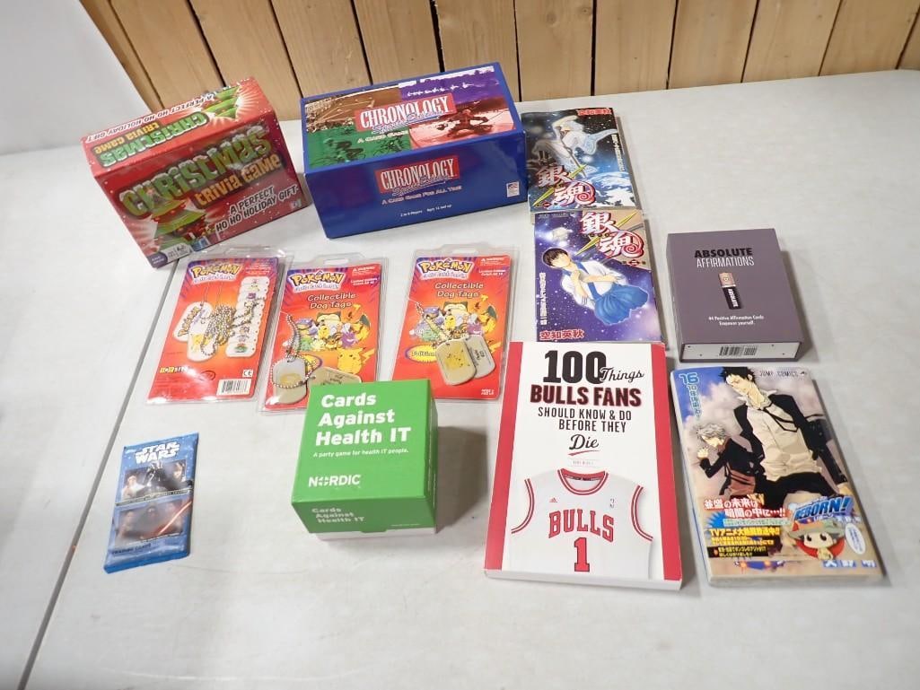 Lot of Games, Pokemon, Dog Tags, Book / Manga: Includes card games, Pokemon, dog tags, manga, Bulls book