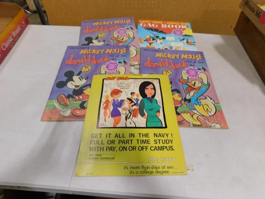 Vintage Walt Disney Mickey Mouse and Donald Duck books and a Navy Recruitment Flyer: Vintage Walt Disney Mickey Mouse and Donald Duck books and a Navy Recruitment Flyer