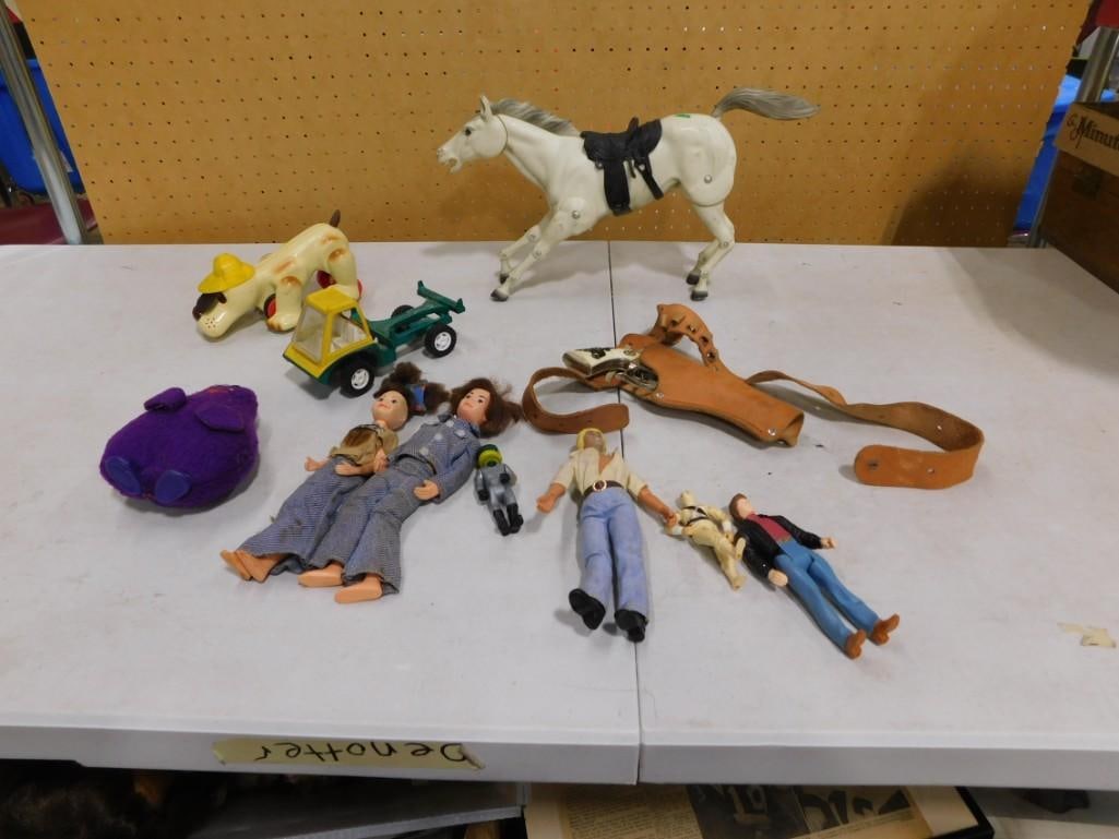 Vintage assorted Toys including McDonald's Grimace, Horse, Cap gun with holster, dolls, etc.: Vintage assorted Toys including McDonald's Grimace, Horse, Cap gun with holster, dolls, etc.